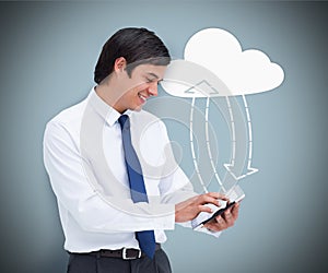 Businessman holding a tablet pc connecting with cloud computing