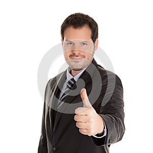 Businessman holding thumbs up isolated on white background. Business and service concept