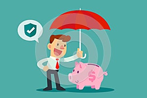 businessman holding umbrella for his piggy bank