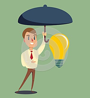 Businessman holding umbrella to protect idea. Financial, insurance savings concept