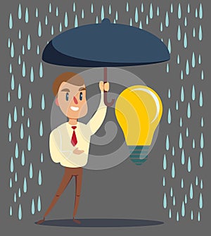 Businessman holding umbrella to protect idea. Financial, insurance savings concept