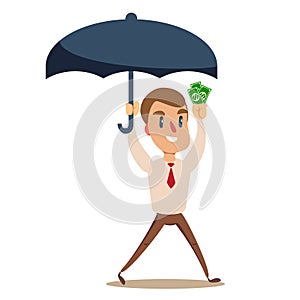 Businessman holding umbrella to protect money. for financial, insurance savings concept