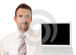 Businessman holding up laptop with clipping path