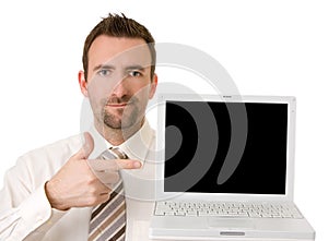 Businessman holding up laptop with clipping path