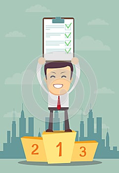 Businessman holding up winning Document in Which