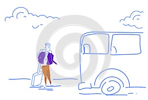 Businessman holding valise standing bus station business assignment concept summer vacation transport travel sketch