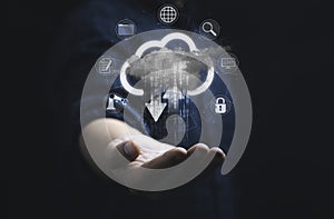 Businessman holding virtual cloud computing with technology icon for uploading and downloading information data concept