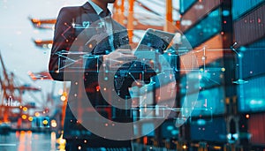 Businessman holding virtual interface panel of global logistics network distribution and transportation on container