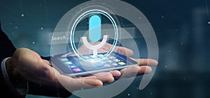 Businessman holding a Vocal search system with button and icon3d rendering