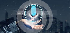 Businessman holding a Vocal search system with button and icon3d rendering