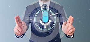 Businessman holding a Vocal search system with button and icon3d rendering