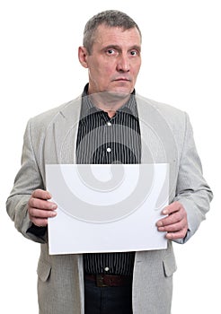 Businessman holding a white sheet in hands