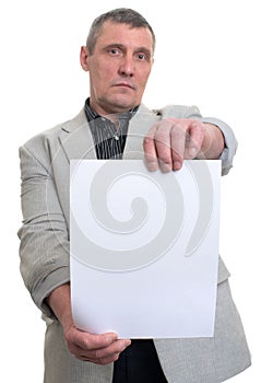 Businessman holding a white sheet in hands
