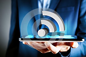 Businessman holding a wifi icon 3D Illustration