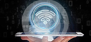 Businessman holding Wifi icon with stats and binary code 3d rendering