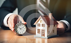 Businessman holding a wooden house and clock. Mortgage, real estate and loan concept. Tax payment. Construction investment.