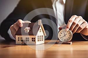 Businessman holding a wooden house and clock. Mortgage, real estate and loan concept. Tax payment. Construction investment.