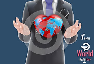 Businessman holding the world in hand concept with world health day