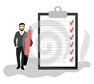 A businessman holds a big pen and stands near a large checklist. Flat design. Vector illustration