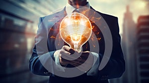 Businessman holds a bright light bulbs. finance and saving power concept. generative ai