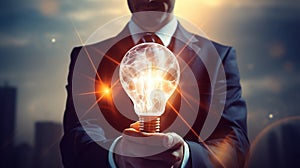 Businessman holds a bright light bulbs. finance and saving power concept. generative ai