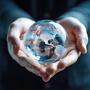 Businessman holds crystal globe in hands,Crystal Earth On green grass Environment concept, Glass globe in the grass,AI generated