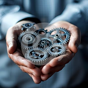 Businessman holds gears as cooperation and integration concept. Generative AI