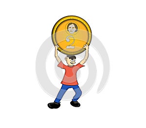 Businessman holds a gold coin over his head. Illustator