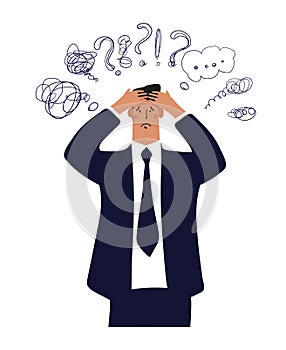 A businessman holds his head, an office worker with a headache, a man in stress from work and problems. Professional burnout. Flat