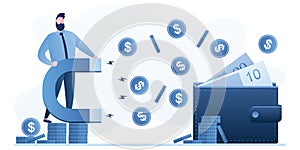 Businessman holds a magnet that pulls money from a wallet. Shopaholism, Consumerism and overspend. Business and finance concept