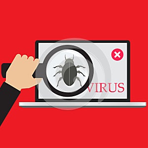 Businessman holds a magnifying glass, finds a red malware computer bug,a virus on laptop notebook.