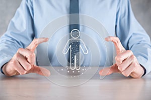 Businessman holds man person icon on dark tone background.HR Human ,people iconTechnology Process System Business with Recruitment