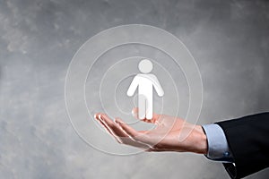 Businessman holds man person icon on dark tone background.HR Human ,people iconTechnology Process System Business with Recruitment