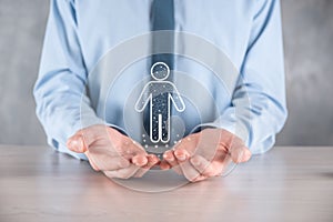 Businessman holds man person icon on dark tone background.HR Human ,people iconTechnology Process System Business with Recruitment