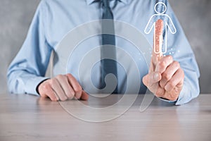 Businessman holds man person icon on dark tone background.HR Human ,people iconTechnology Process System Business with Recruitment