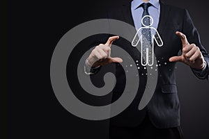 Businessman holds man person icon on dark tone background.HR Human ,people iconTechnology Process System Business with Recruitment