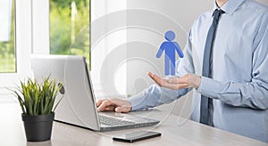 Businessman holds man person icon on dark tone background.HR Human ,people iconTechnology Process System Business with Recruitment