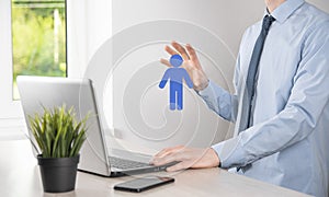 Businessman holds man person icon on dark tone background.HR Human ,people iconTechnology Process System Business with Recruitment