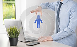 Businessman holds man person icon on dark tone background.HR Human ,people iconTechnology Process System Business with Recruitment