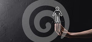 Businessman holds man person icon on dark tone background.HR Human ,people iconTechnology Process System Business with Recruitment