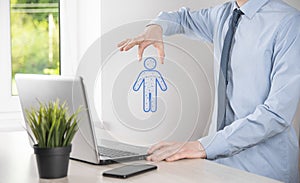 Businessman holds man person icon on dark tone background.HR Human ,people iconTechnology Process System Business with Recruitment