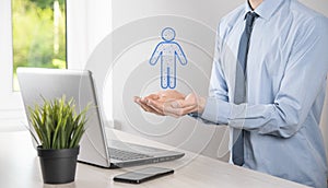 Businessman holds man person icon on dark tone background.HR Human ,people iconTechnology Process System Business with Recruitment