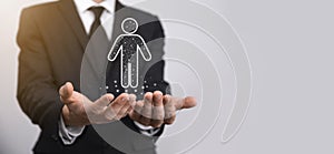Businessman holds man person icon on dark tone background.HR Human ,people iconTechnology Process System Business with Recruitment