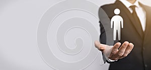 Businessman holds man person icon on grey tone background.HR Human ,people iconTechnology Process System Business with Recruitment
