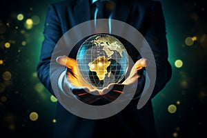 A businessman holds the new world, symbolizing a fresh global business concept