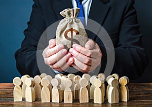 Businessman holds out a dollar money bag to the crowd. Official. Providing money, paying salaries and grants. Staff maintenance.