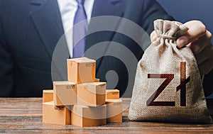 Businessman holds polish zloty money bag and boxes with goods. Business income. Payment of taxes and fees. Advertising budget.