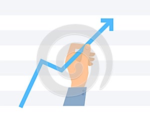 Businessman holds and pulls blue arrow graph to increase income.