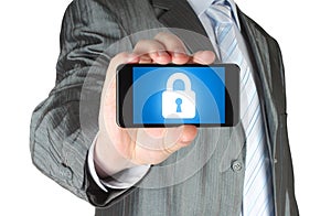 Businessman holds smart phone with closed lock