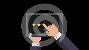 Businessman holds tablet and evaluates rating from one to five stars. Alpha channel.